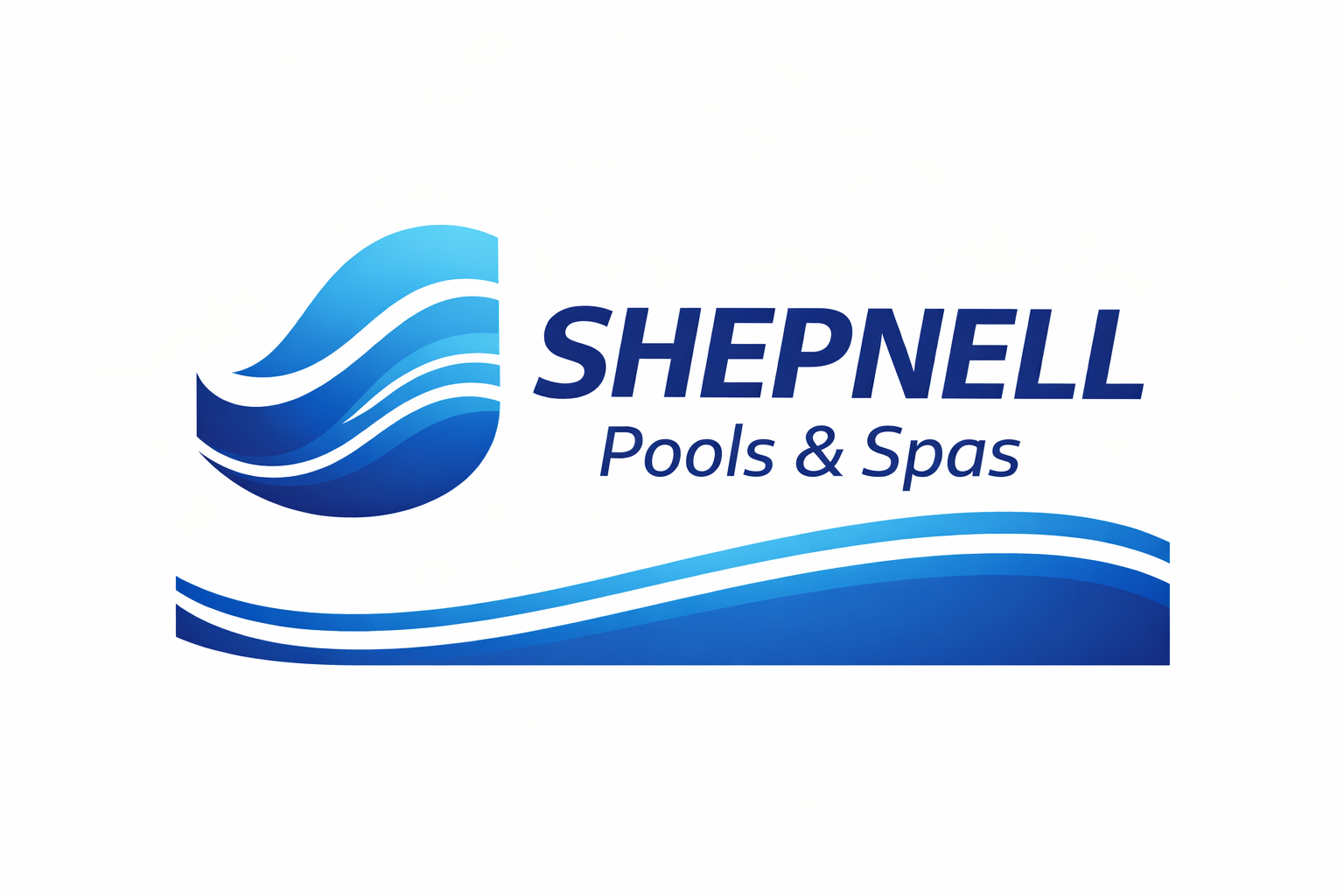 Logo for Shepnell Pools & Spas featuring a blue water droplet with white and light blue wave lines and the company name in blue text.