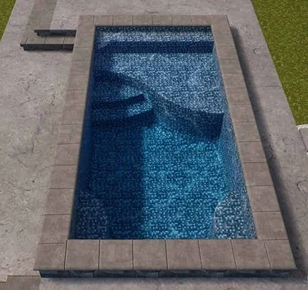 Empty rectangular swimming pool with blue tiled interior, surrounded by concrete patio and a small grassy area.