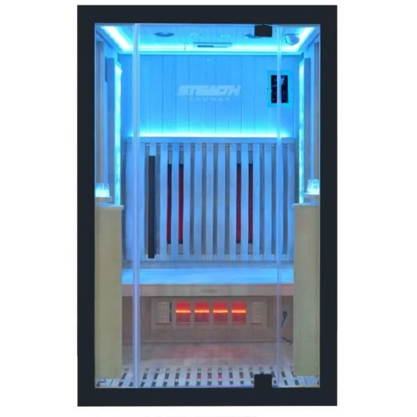 A photo of a glass-enclosed infrared sauna with blue lighting, wooden accents, and red infrared heating panels at the bottom.