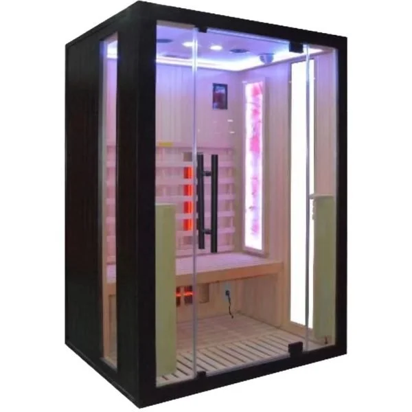 A modern indoor sauna with glass doors, wooden interior, and LED lighting.