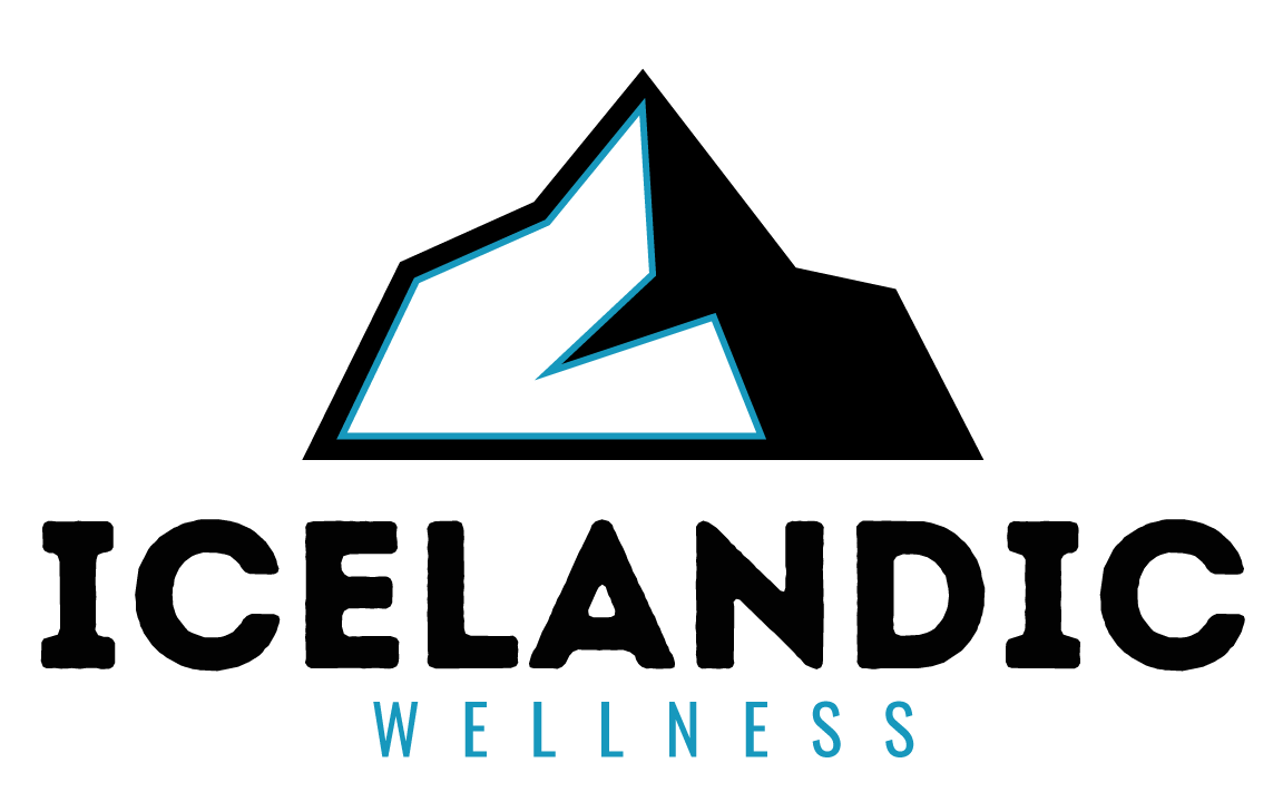 Logo for Icelandic Wellness with a stylized mountain or wave icon above the words Icelandic Wellness, written in bold white text and a blue subtext.