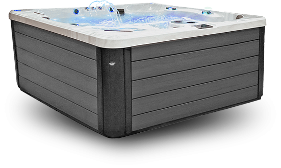A rectangular hot tub with a gray exterior, filled with water, and multiple jets operating on the surface.