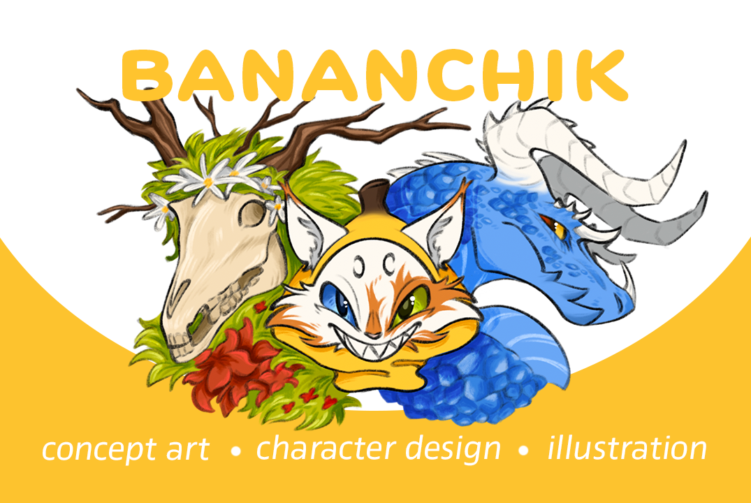 Colorful cartoon illustration of a feline character with one green eye and one blue eye, surrounded by a deer skull with antlers, a blue dragon with white horns, and tropical leaves, with the word 'BANANCHIK' at the top and text 'concept art, character design, illustration' at the bottom.