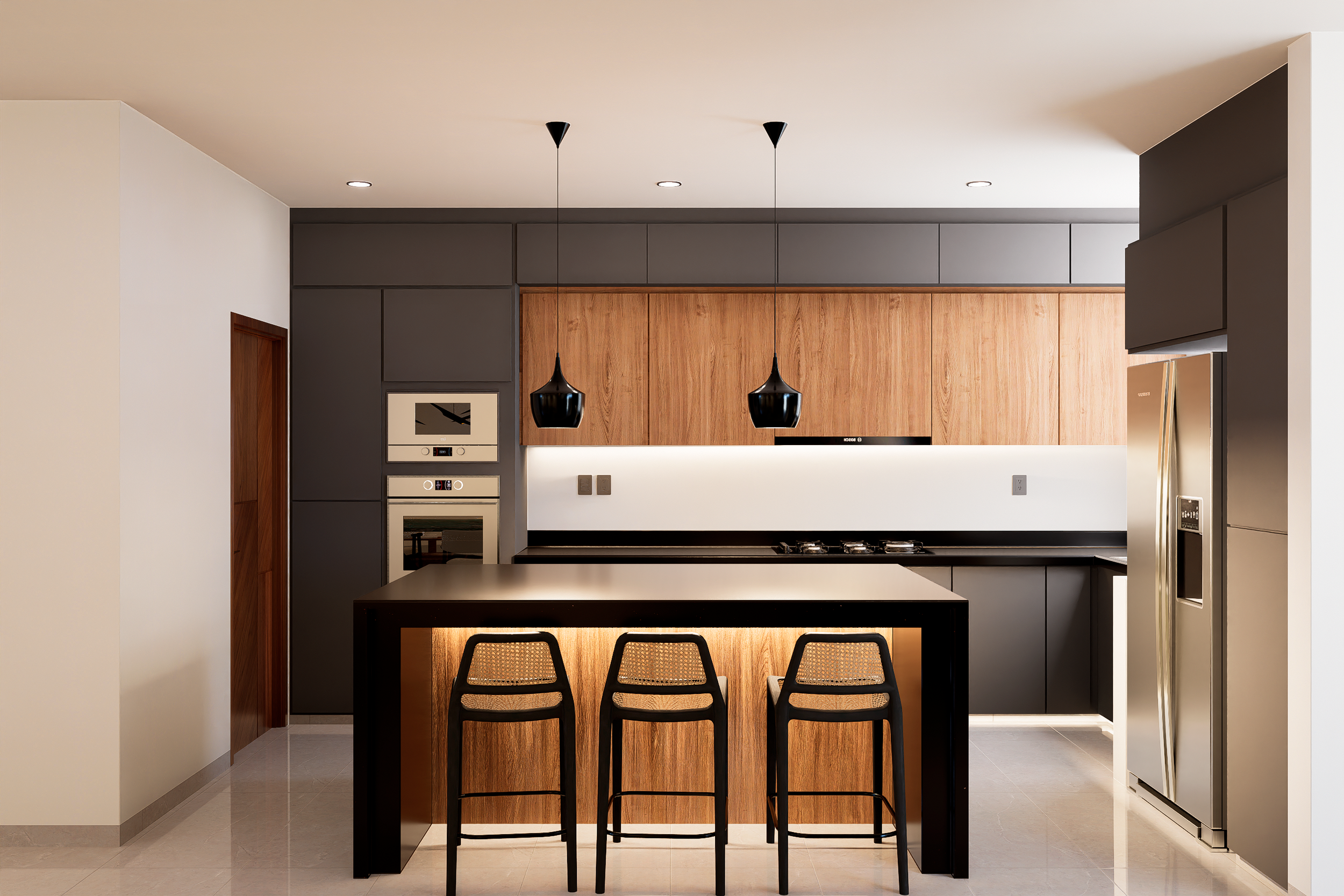 la gran isla de la cocina se revela como el escenario principal para las dinámicas familiares matutinas o las reuniones informales. Para el inversionista, esta cocina representa el "efecto wow" que cierra una venta; para el usuario final, es la prome