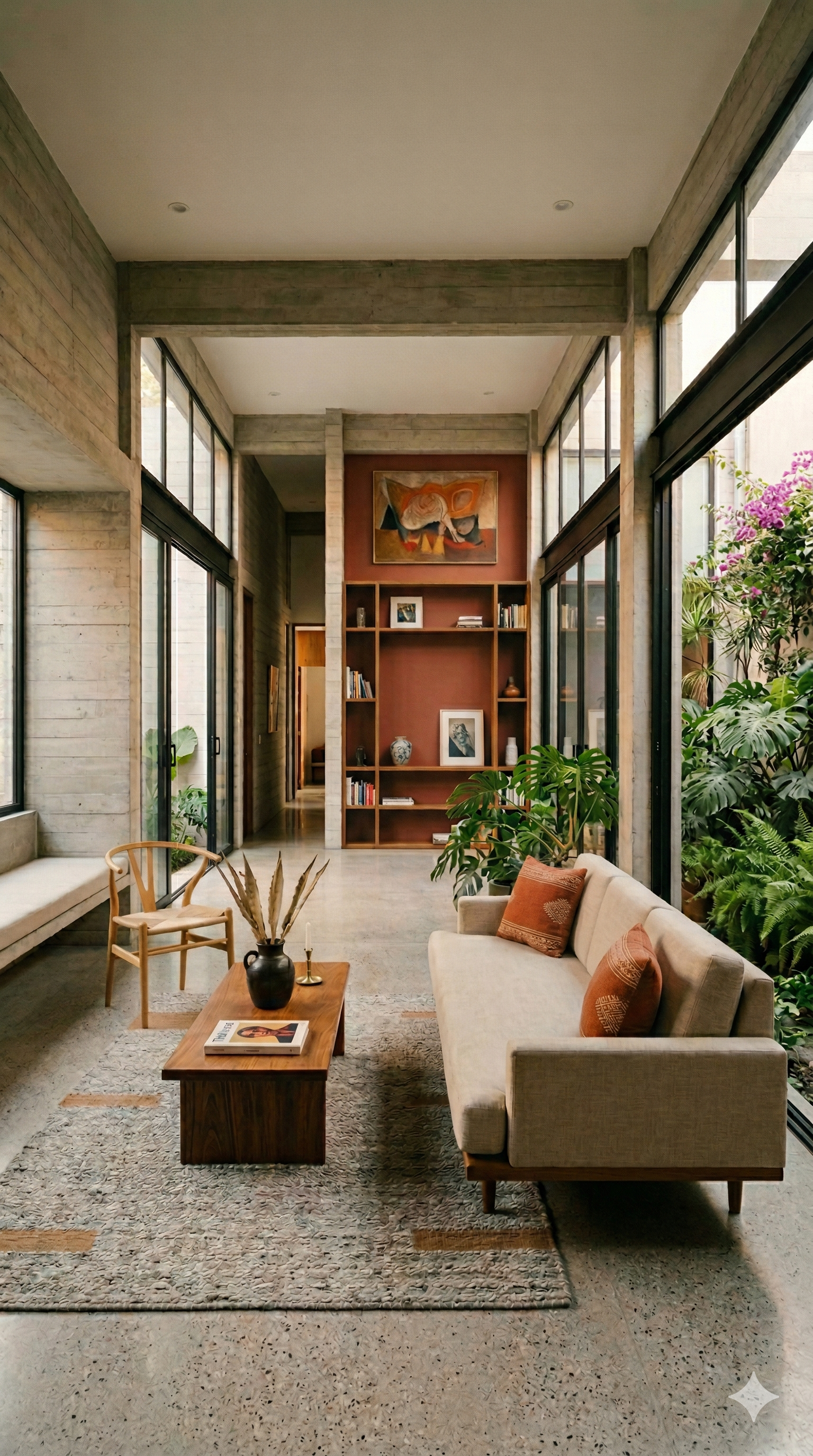 Sala de estar moderna con sillón beige, sillita de madera, mesa de madera con libro y florero, alfombra, estantería con libros y decoraciones, paredes de vidrio con plantas verdes.