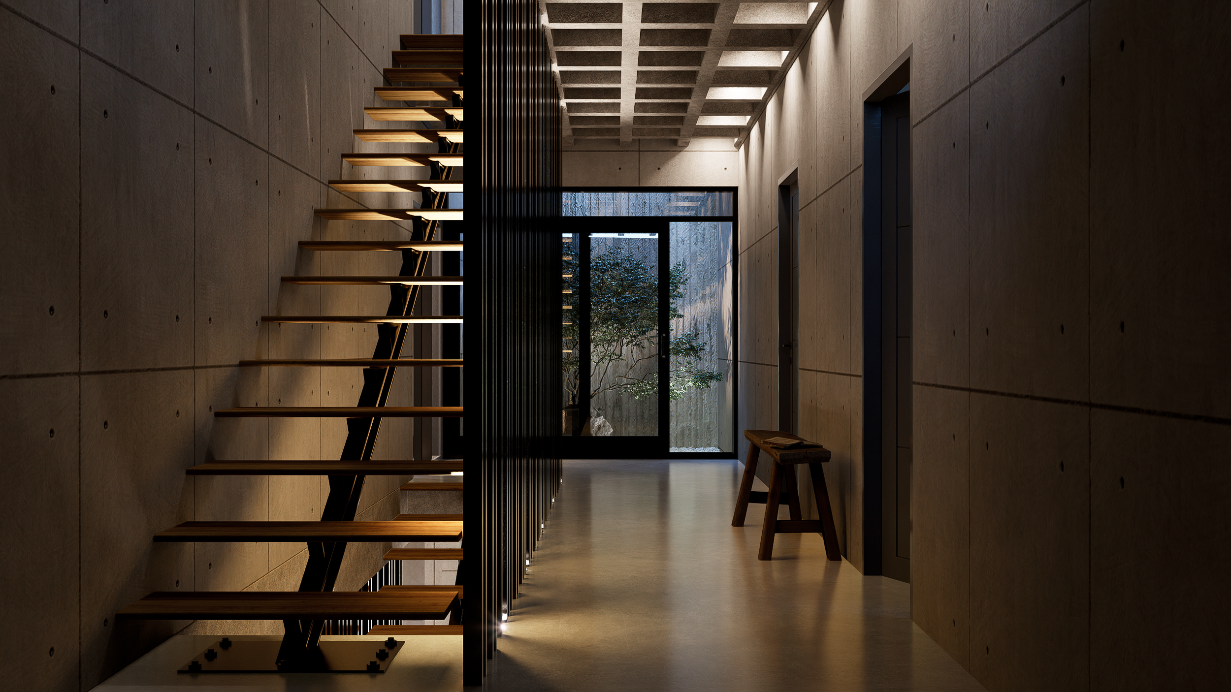 En el interior, la circulación es toda una experiencia sensorial. La imponente losa reticular del techo y los muros de concreto marcado conviven con la escalera de peldaños de madera flotantes. La iluminación cálida y rasante baña las texturas rugosa