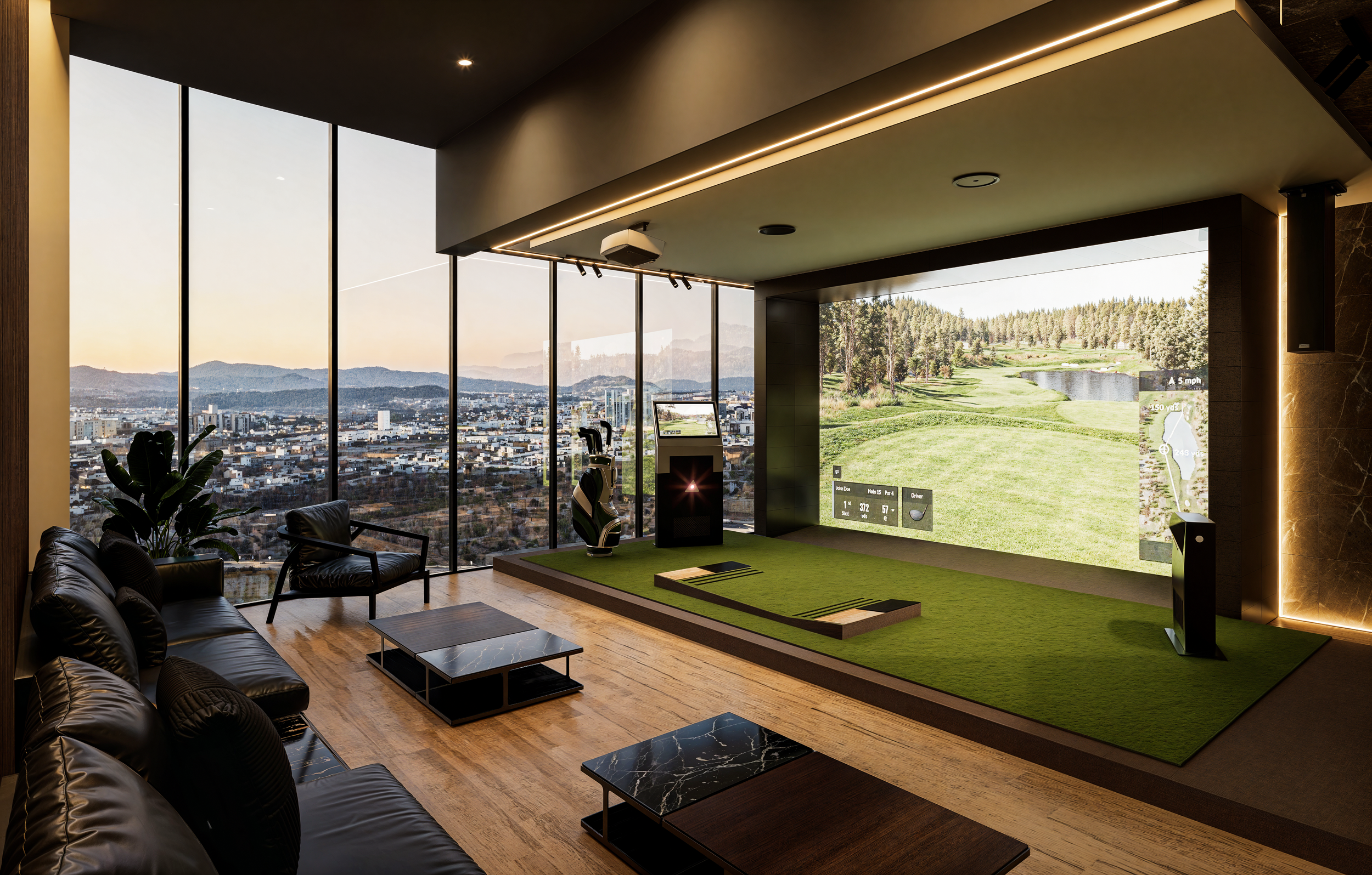 Rodeadas de lujo, las amenidades de ocio como el simulador de golf ofrecen una vía de escape lúdica y un entorno informal para cerrar tratos. Estos espacios aumentan drásticamente la retención y el tiempo que los usuarios pasan dentro del edificio, c