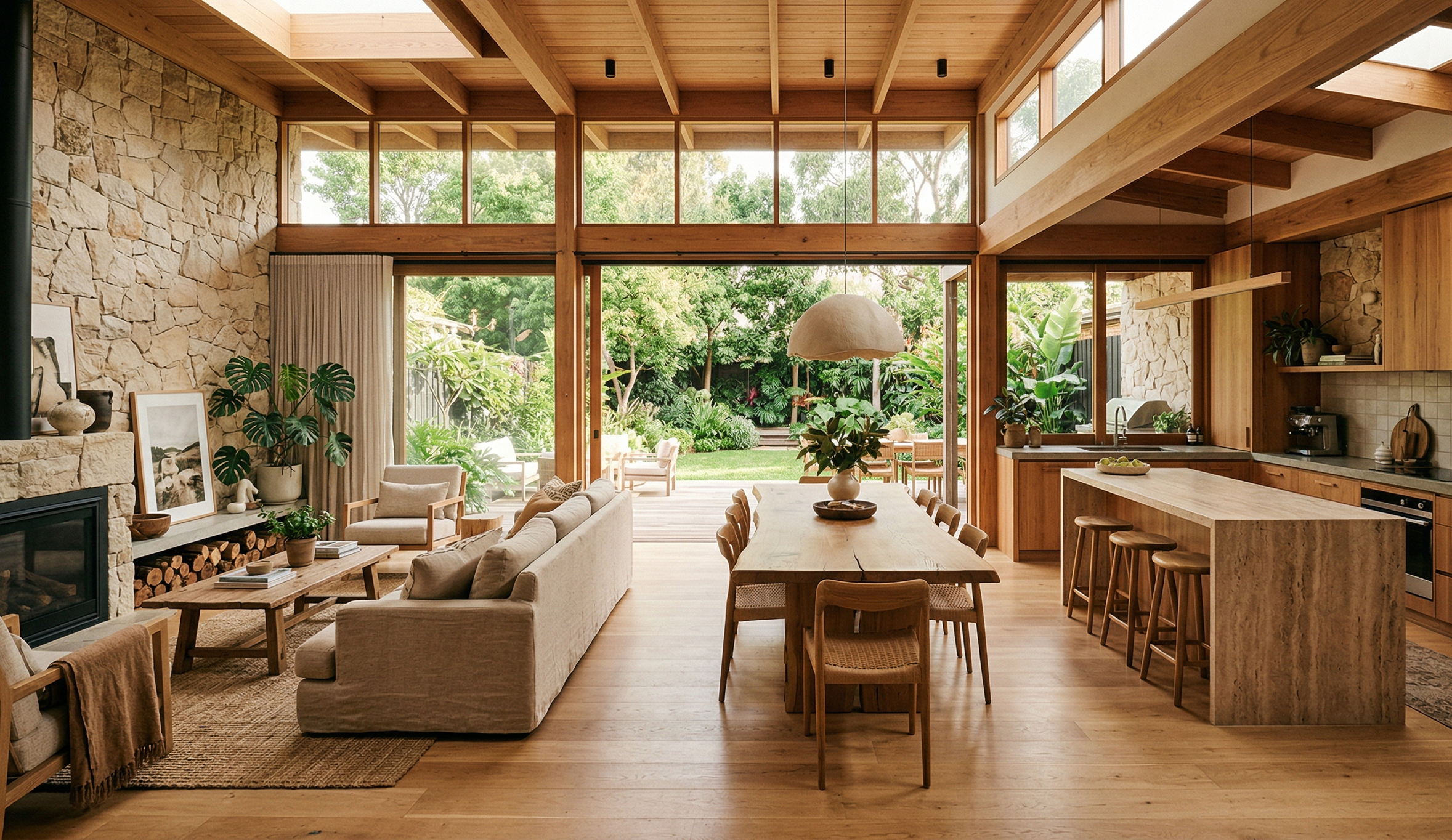 Interior de una casa moderna con paredes de piedra y madera, con jardín visible a través de grandes ventanas de cristal, muebles de madera, plantas y una iluminación natural.