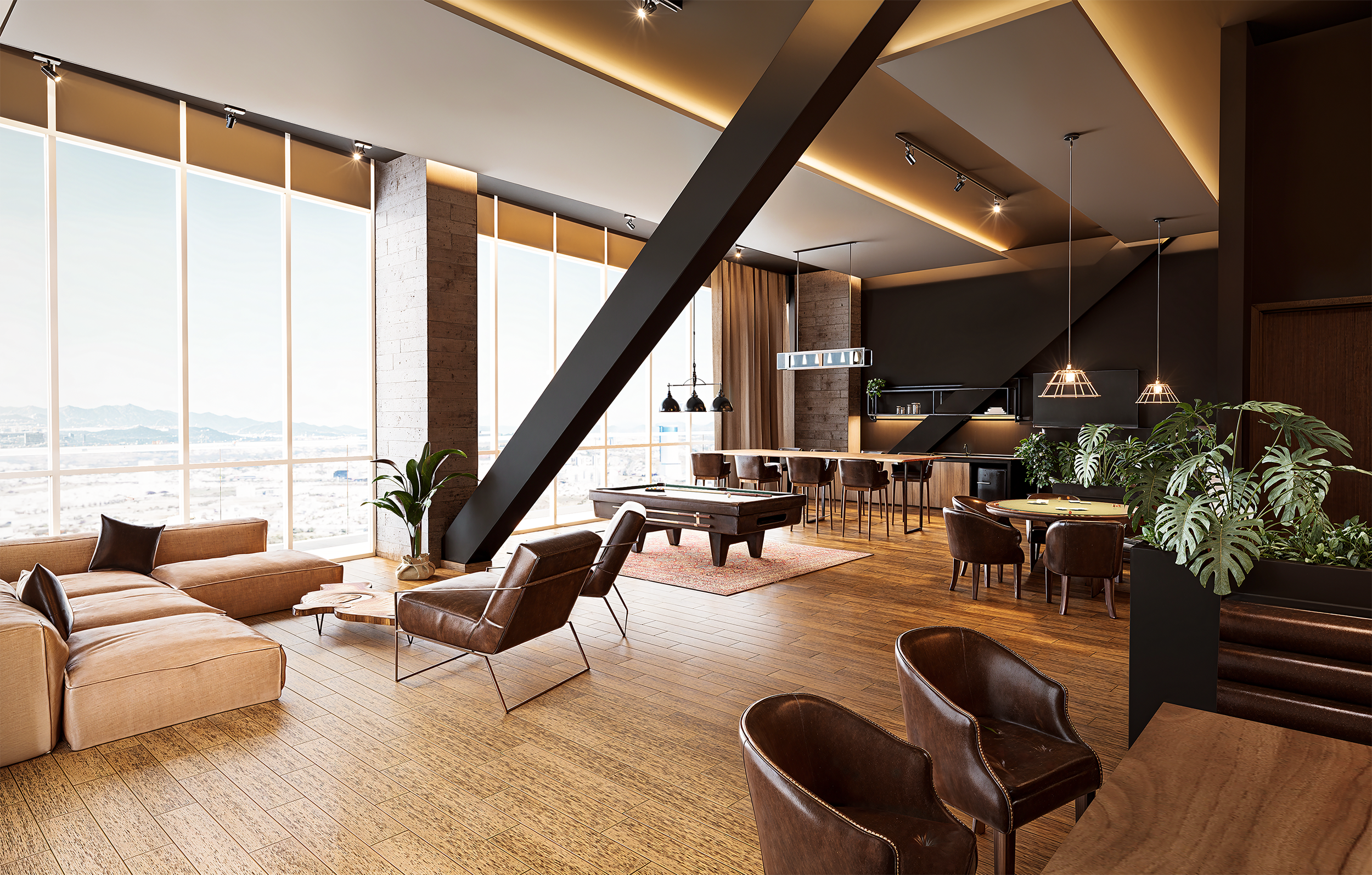 Concebido como el "tercer espacio" perfecto, el Salón Inglés combina la robustez del diseño clásico con la frescura de vistas urbanas panorámicas. Mesas de billar, áreas de póker y una barra se integran como el escenario ideal para el after-office, d