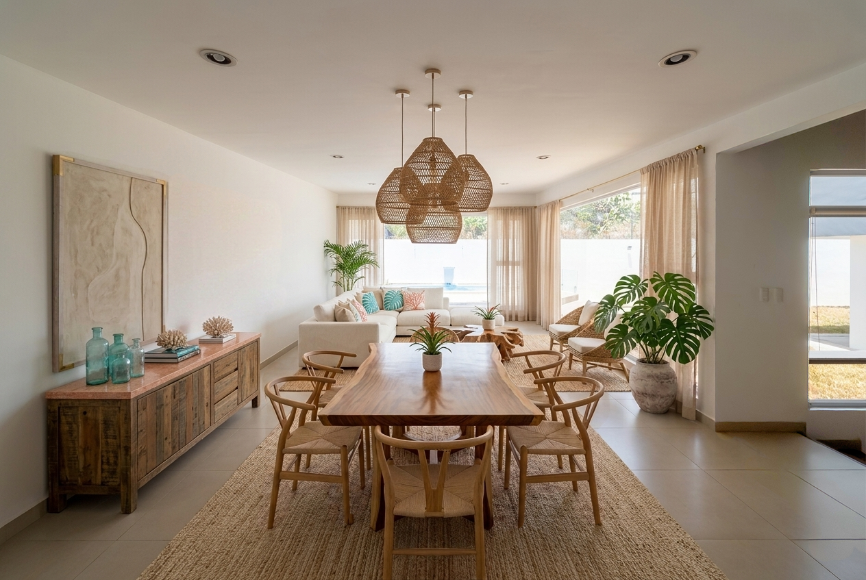 Sala de estar y comedor con muebles de madera, plantas decorativas, cortinas claras, lámparas colgantes de mimbre y decoración en tonos neutros.
