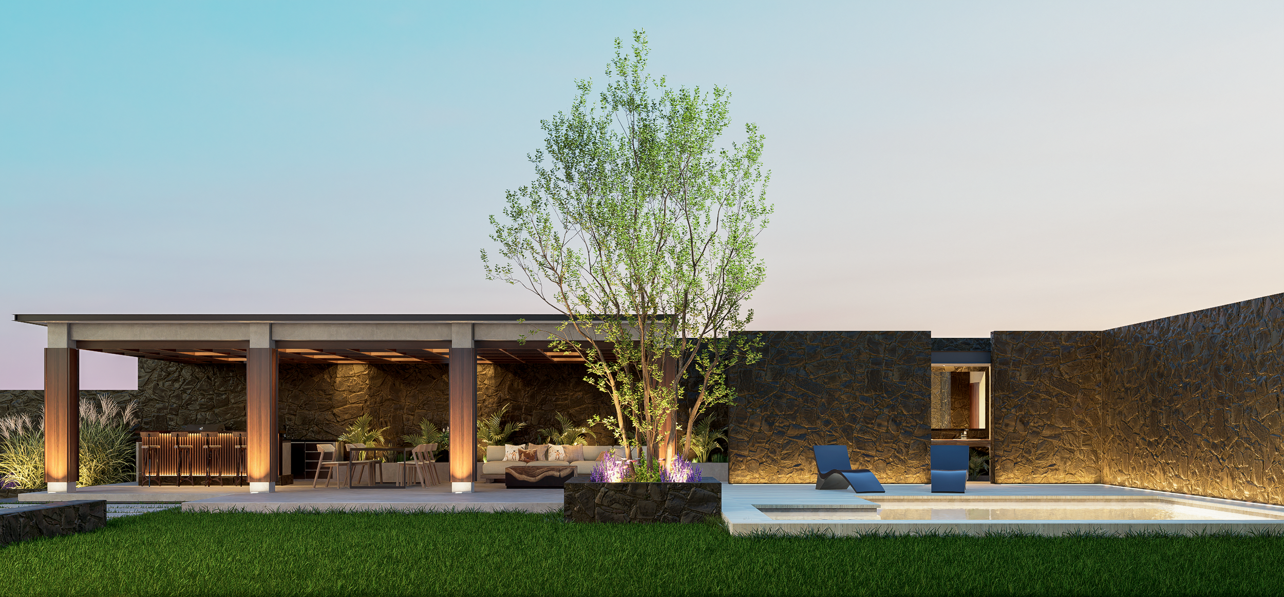 Diseñada para ser el punto de encuentro por excelencia, la terraza es una obra de texturas y sombras. 