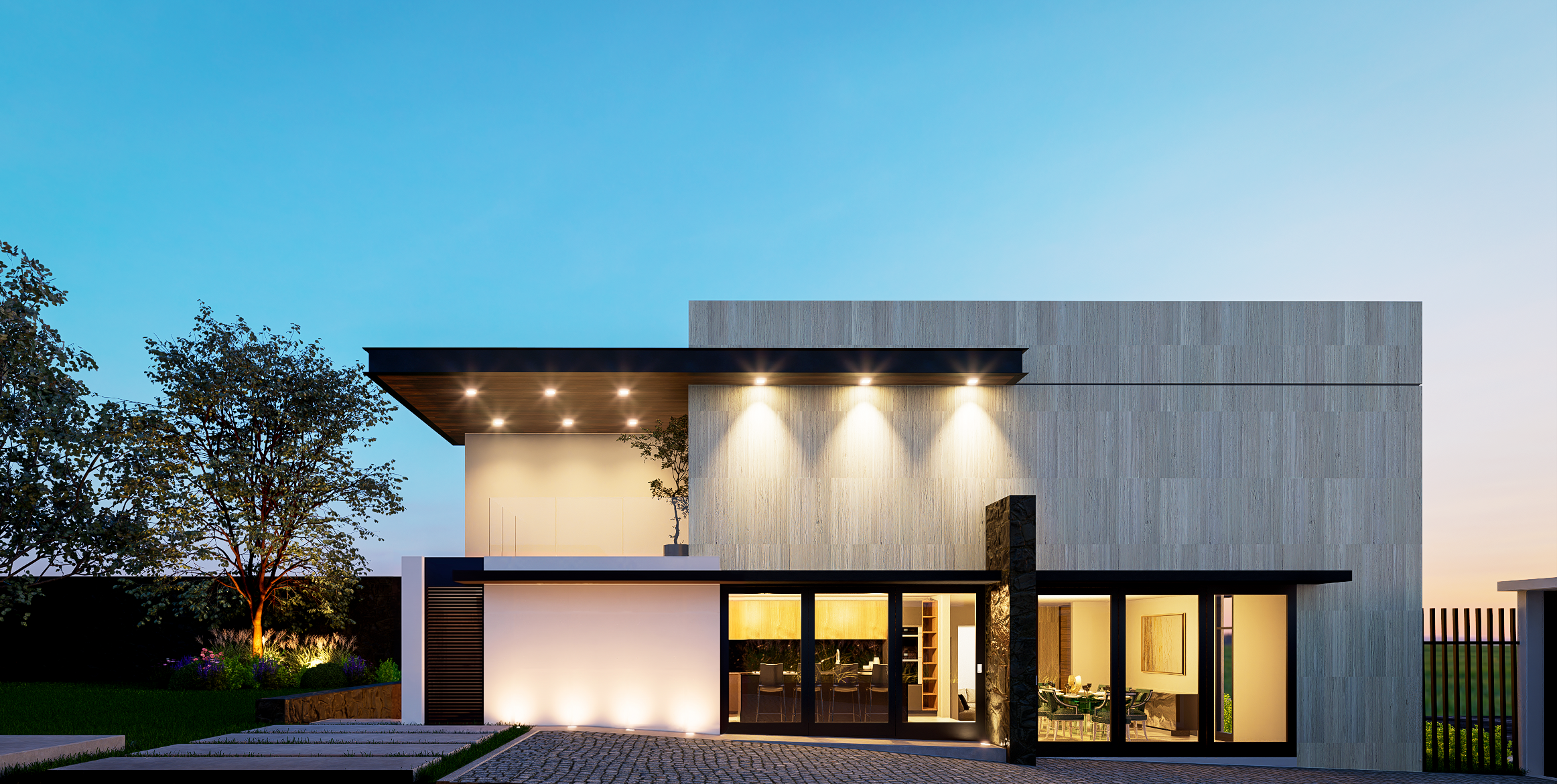 La perspectiva lateral revela la apertura de la casa hacia su entorno. Donde antes había muros ciegos, ahora se abren amplios ventanales y puertas de cristal de piso a techo, enmarcados en tonos oscuros que aportan sobriedad. Esta intervención no sol