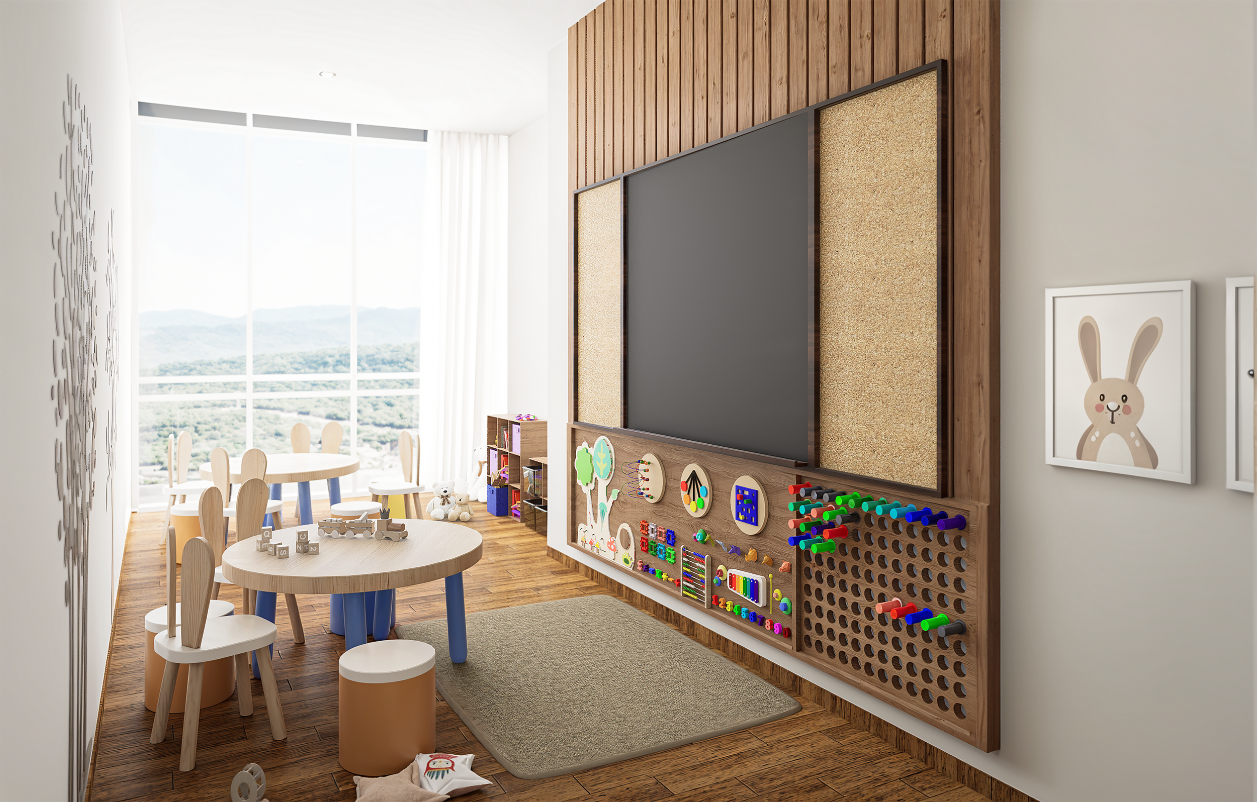 Reconociendo las verdaderas necesidades del profesionista moderno, la ludoteca es un espacio lleno de luz, color contenido y texturas táctiles que estimulan el desarrollo neurocognitivo de los niños de manera segura. Muros interactivos y mobiliario e