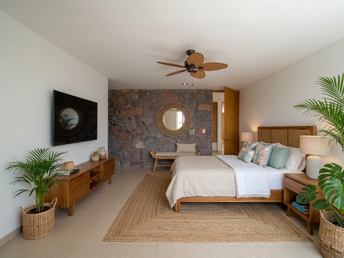 Habitación decorada con muebles de madera, plantas verdes en cestas de mimbre, una cama con almohadas de colores pastel, lámparas de mesa, pared de piedra, espejo redondo y ventana con cortinas.