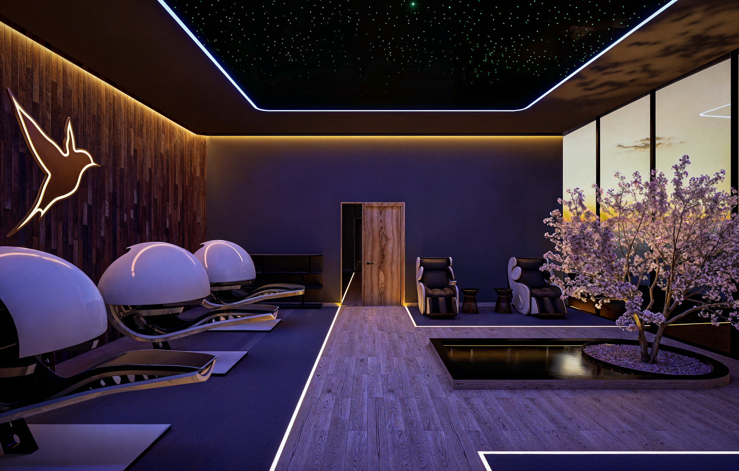 Quizás una de las propuestas más disruptivas del proyecto es la sala de descanso con sleep pods coronada por un techo estrellado y anclada por un árbol iluminado que sirve como punto focal meditativo. Basado en estudios de neurociencia que avalan el 