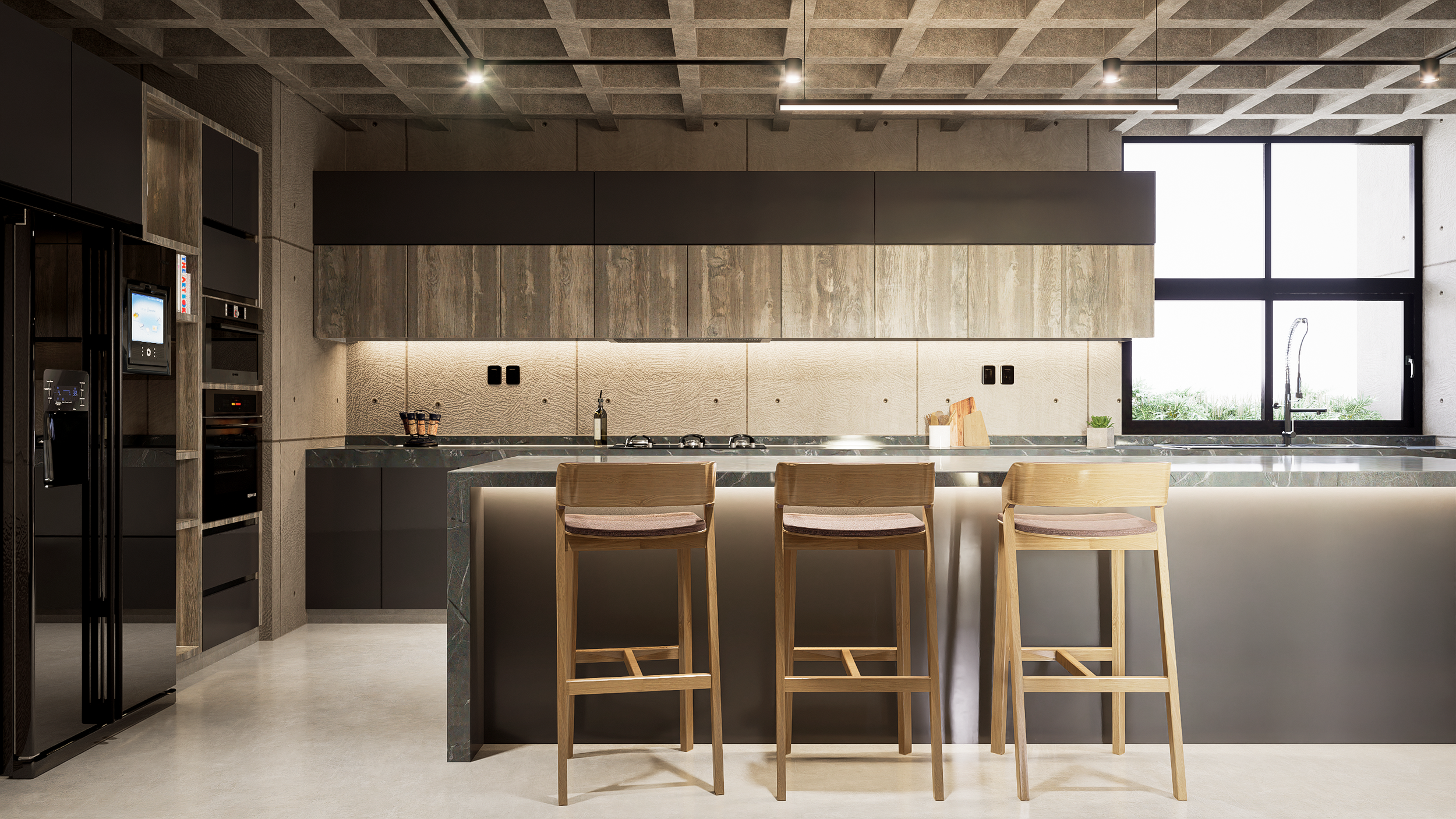 La cocina con concepto de isla propicia el rincón perfecto para un café matutino antes de comenzar el día. Los paneles de madera en los gabinetes aportan un toque orgánico que dialoga con el concreto continuo. la intención del diseño es crear una atm
