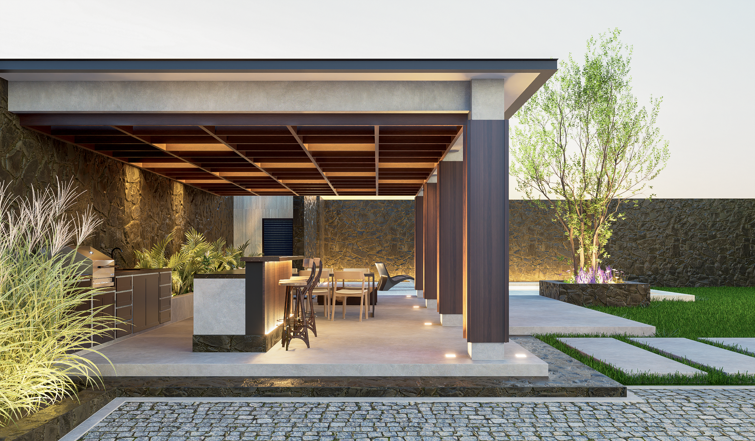 Con una barra equipada y una acogedora sala exterior, este espacio está pensado para prolongar las tardes y celebrar la vida al aire libre en un ambiente de sofisticación absoluta.