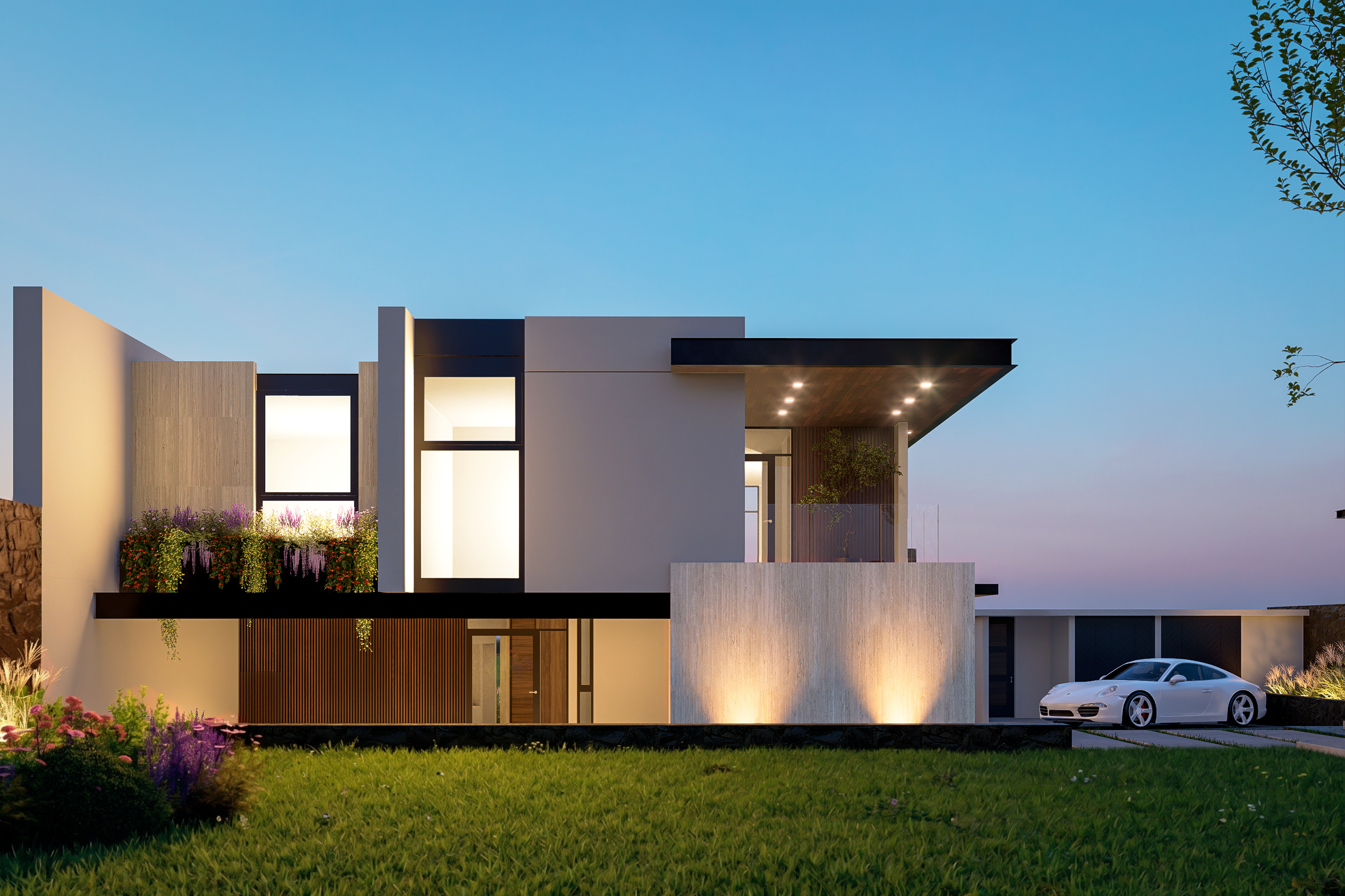 La integración del garaje y las zonas de servicio se realiza de forma limpia y discreta, manteniendo el protagonismo en las áreas habitables y su directa conexión con el paisaje exterior.