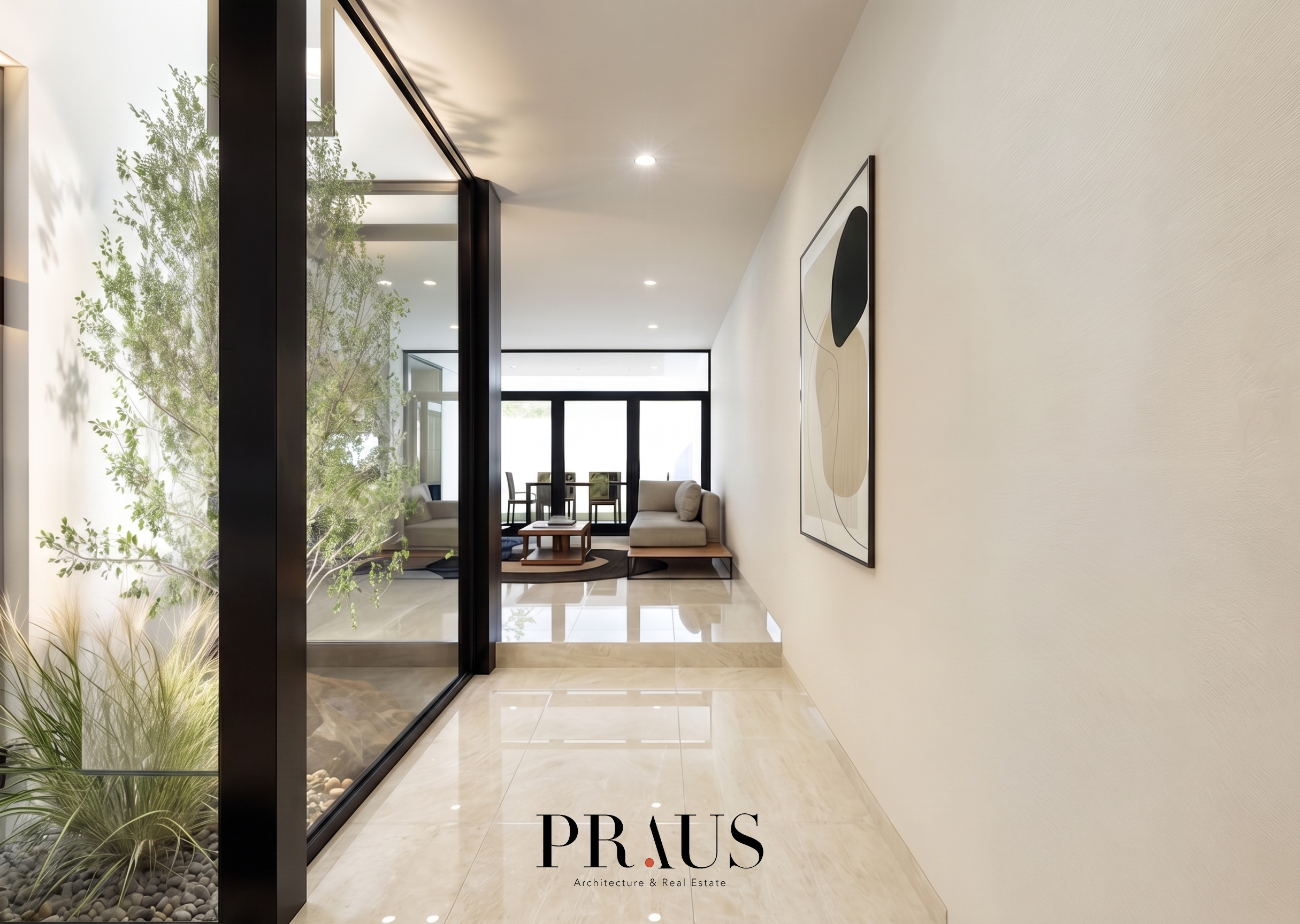 Al cruzar la puerta principal, el vestíbulo ofrece una experiencia sensorial inmediata. Lejos de ser un simple pasillo, este espacio funciona como un pulmón de luz y naturaleza gracias a su jardín interior acristalado, que además sirve como barrera e