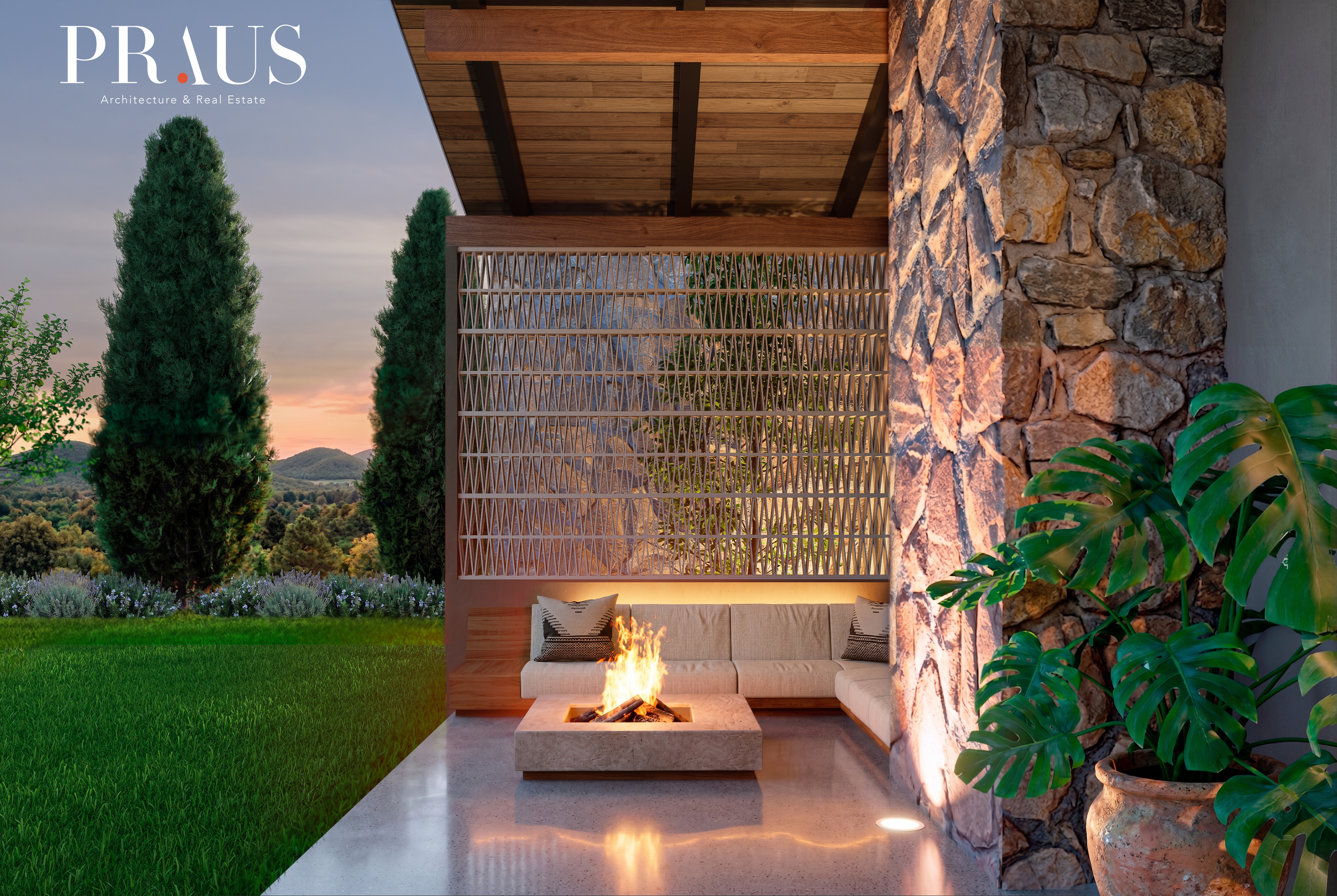 El área del fire pit se consolida como uno de los rincones más sensoriales del proyecto. Enmarcado por la textura rústica de la piedra y una celosía de madera que tamiza sutilmente las vistas, este espacio invita a la contemplación y al descanso al c