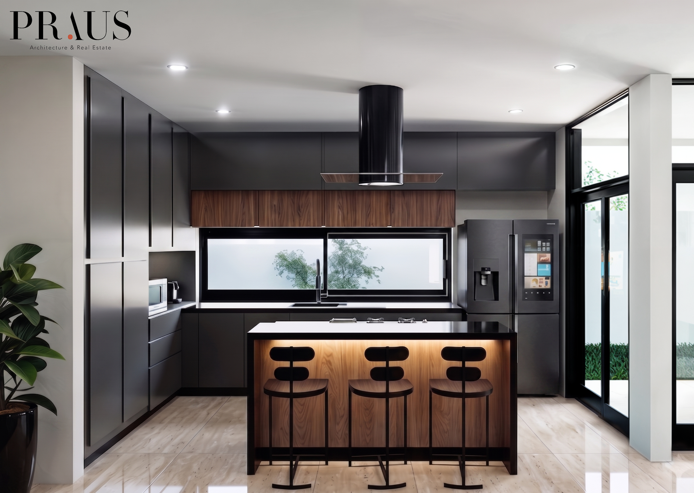 El diseño apuesta por una estética contemporánea de alto contraste. La melamina y la piedra en tonos oscuros se equilibra con la calidez de la madera y el piso claro. En la cocina, Una ventana apaisada sustituye al backsplash tradicional, enmarcando 