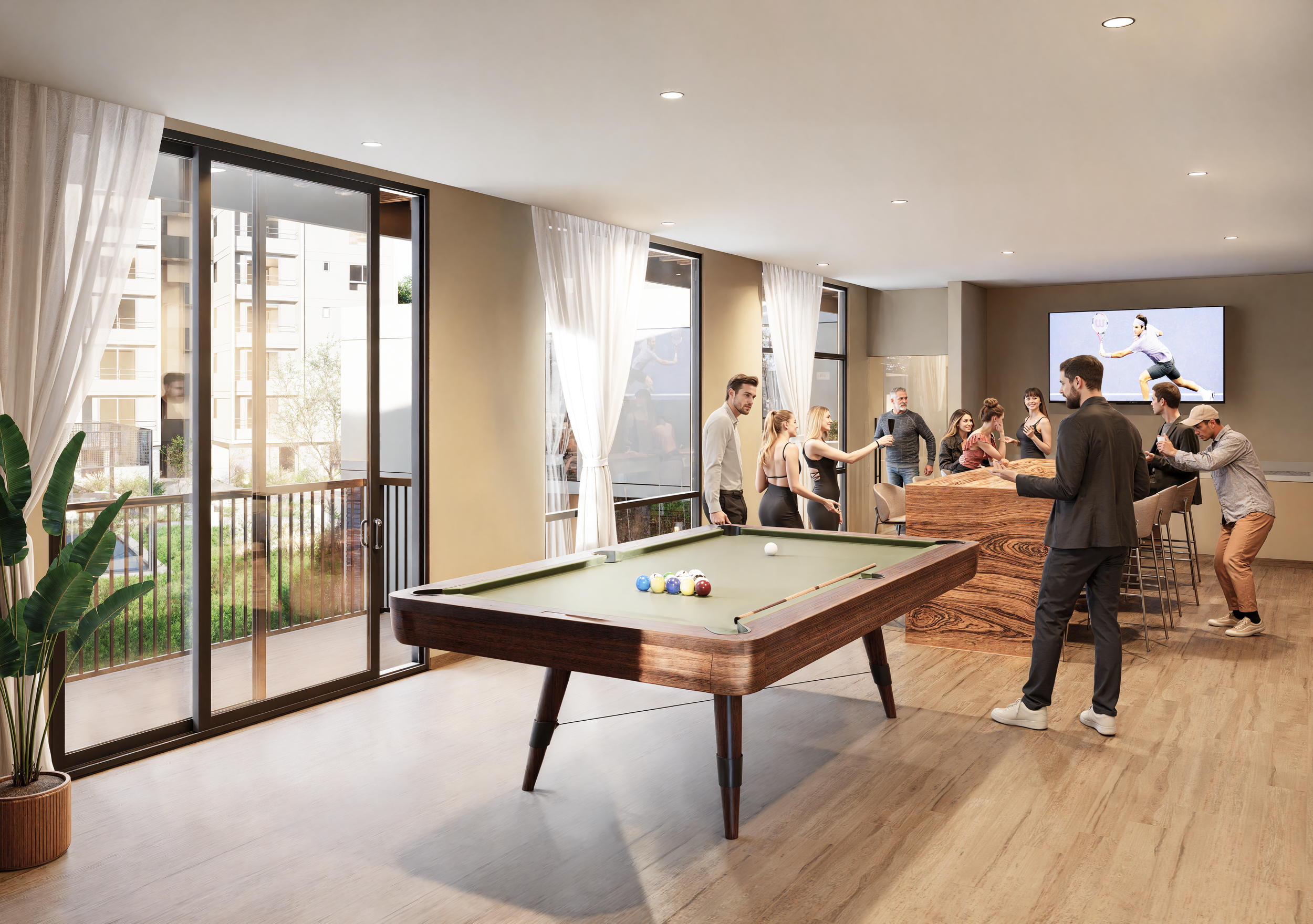 Concebido para el ocio en su expresión más refinada, la sala de reuniones ofrece un ambiente cálido y eminentemente social. Dominado por la clásica mesa de billar y complementado con áreas de bar y estar, este salón está rodeado de amplios ventanales