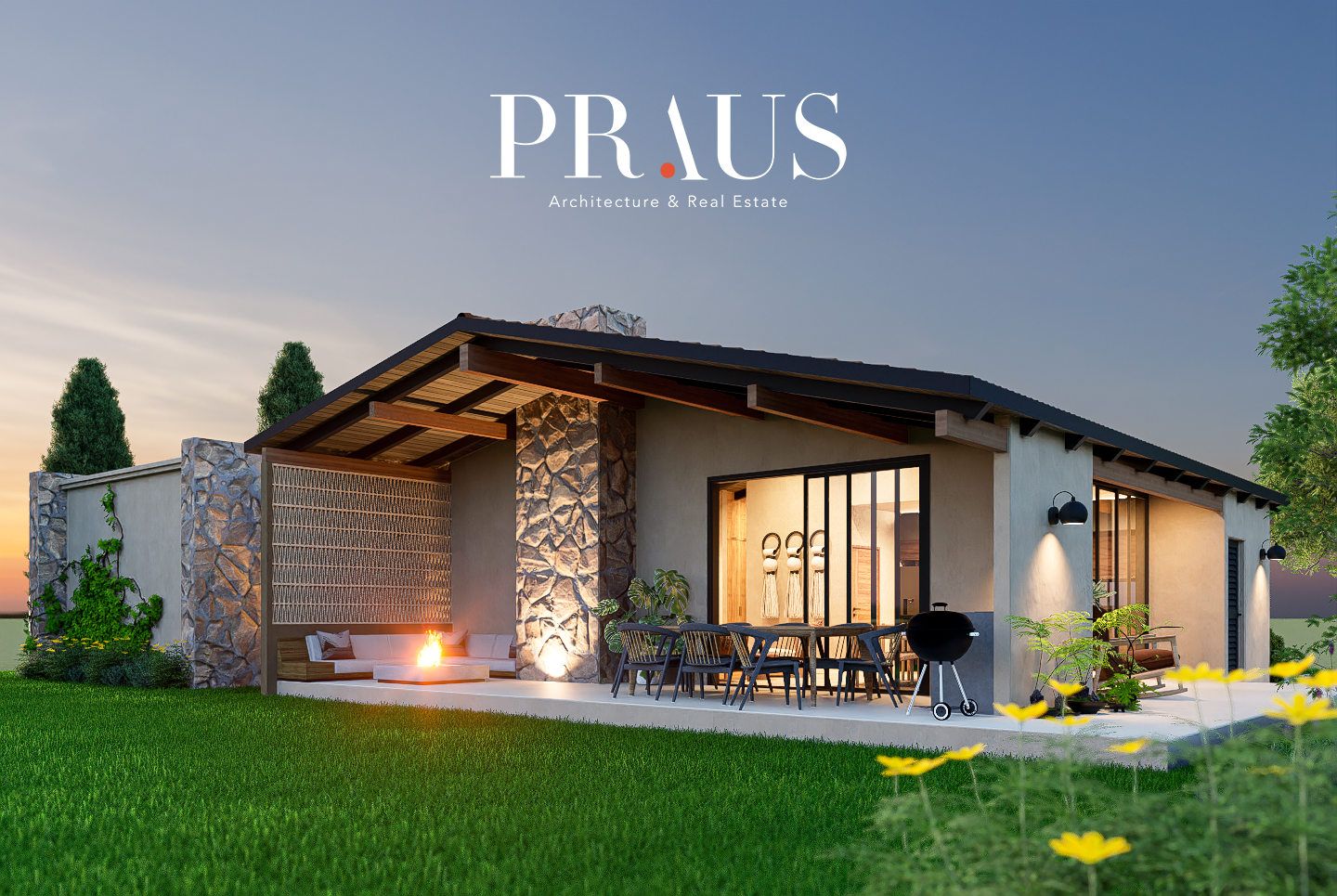 Hacia la parte posterior, la arquitectura se abre generosamente para abrazar el paisaje. El diseño horizontal de un solo nivel permite que la casa no compita con el entorno, sino que se integre a él, creando una serie de microambientes al aire libre 