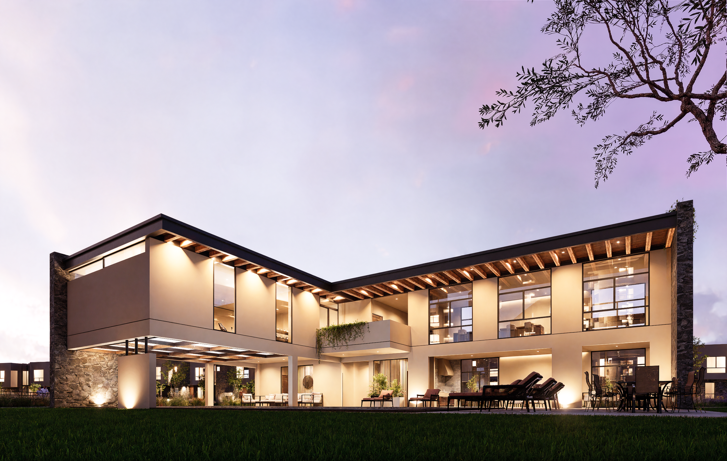 La perspectiva posterior revela la verdadera escala de la casa club, caracterizada por sus generosos ventanales y terrazas. El diseño arquitectónico maximiza la captación de luz natural y fomenta una conexión visual ininterrumpida. Desde aquí, las ár