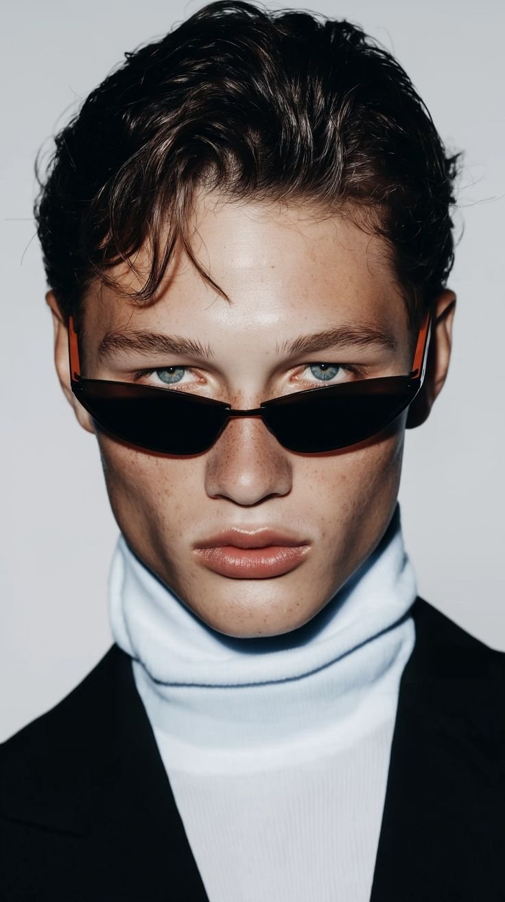 Homem com cabelo castanho escuro, pele clara, olhos azuis, usando óculos de sol pretos e uma blusa branca de gola alta, com fundo cinza claro.