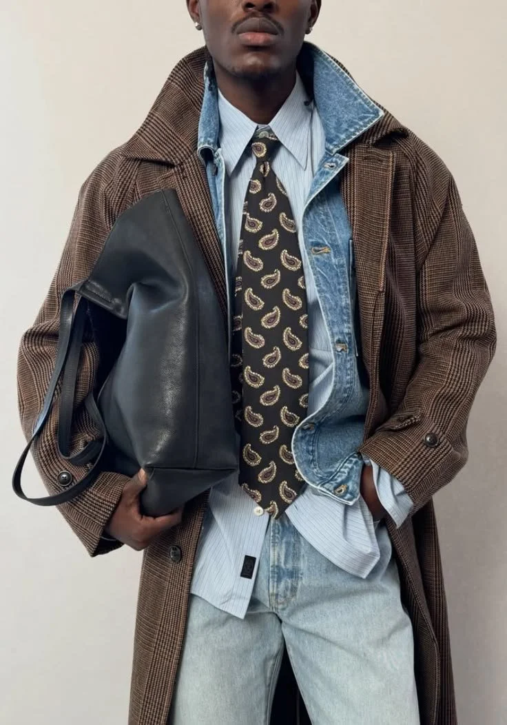 Homem segurando uma bolsa preta, usando uma jaqueta xadrez marrom, uma jaqueta jeans por baixo, uma camisa azul e uma gravata com estampa de pimentas, com calça jeans clara