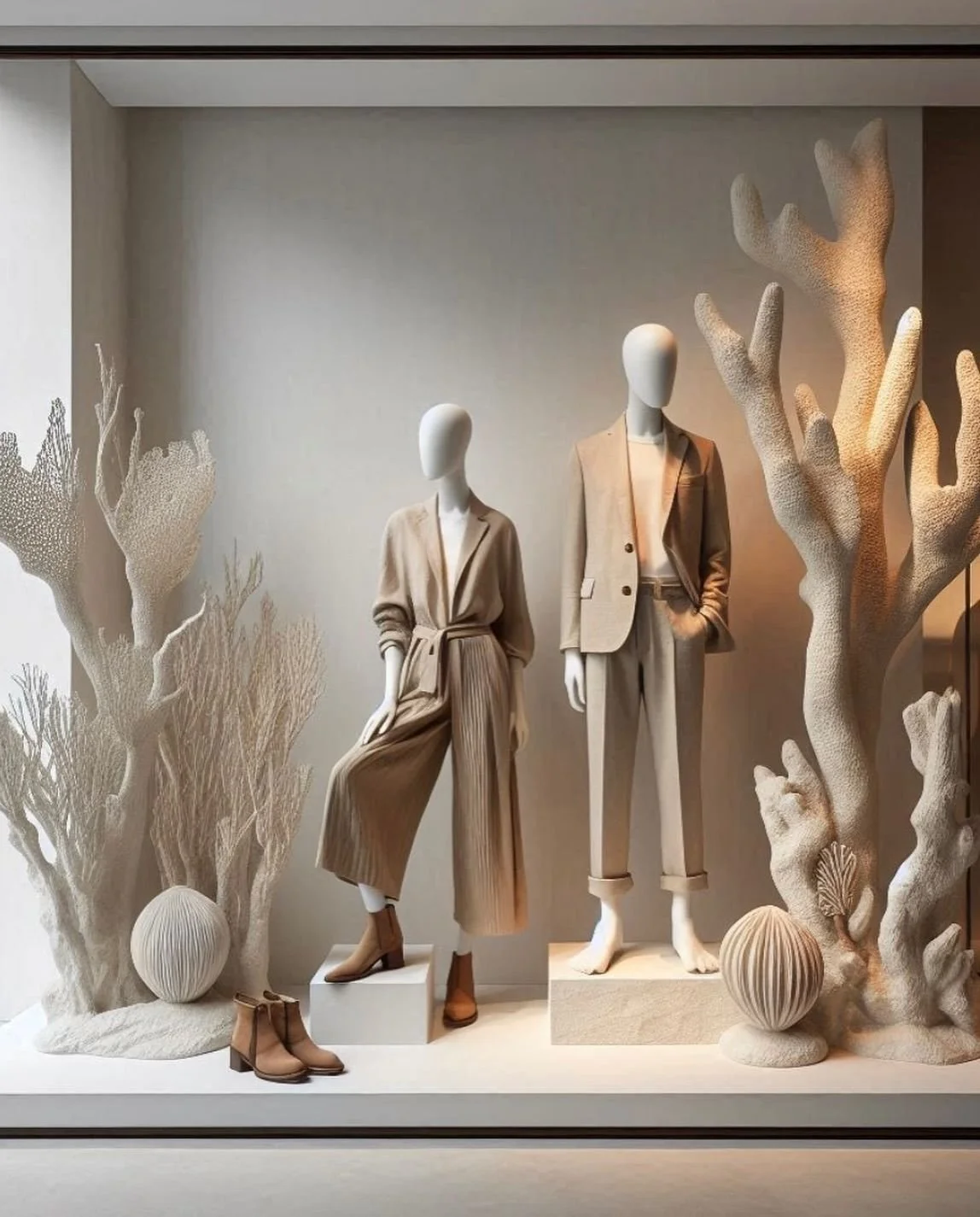 Exposição de manequins com roupas bege, rodeados de elementos decorativos brancos que imitam corais e bolas decorativas.