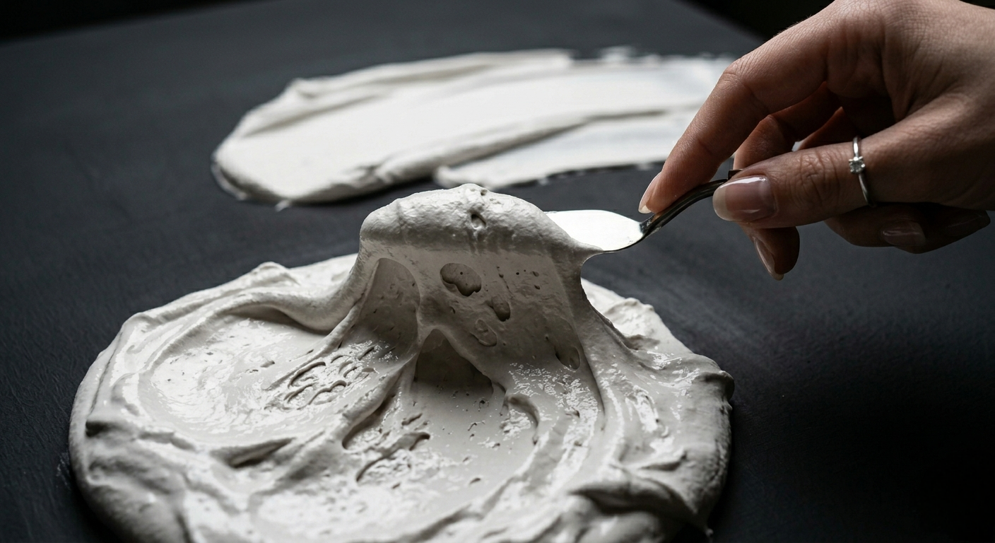 A hand with a ring is scooping white meringue onto a black surface with a spoon, creating peaks.