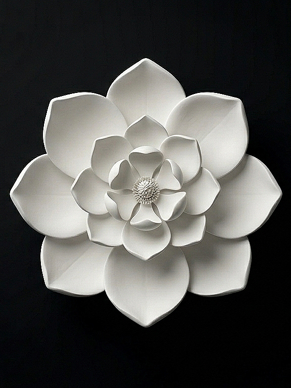White ceramic flower sculpture with layered petals against a black background.
