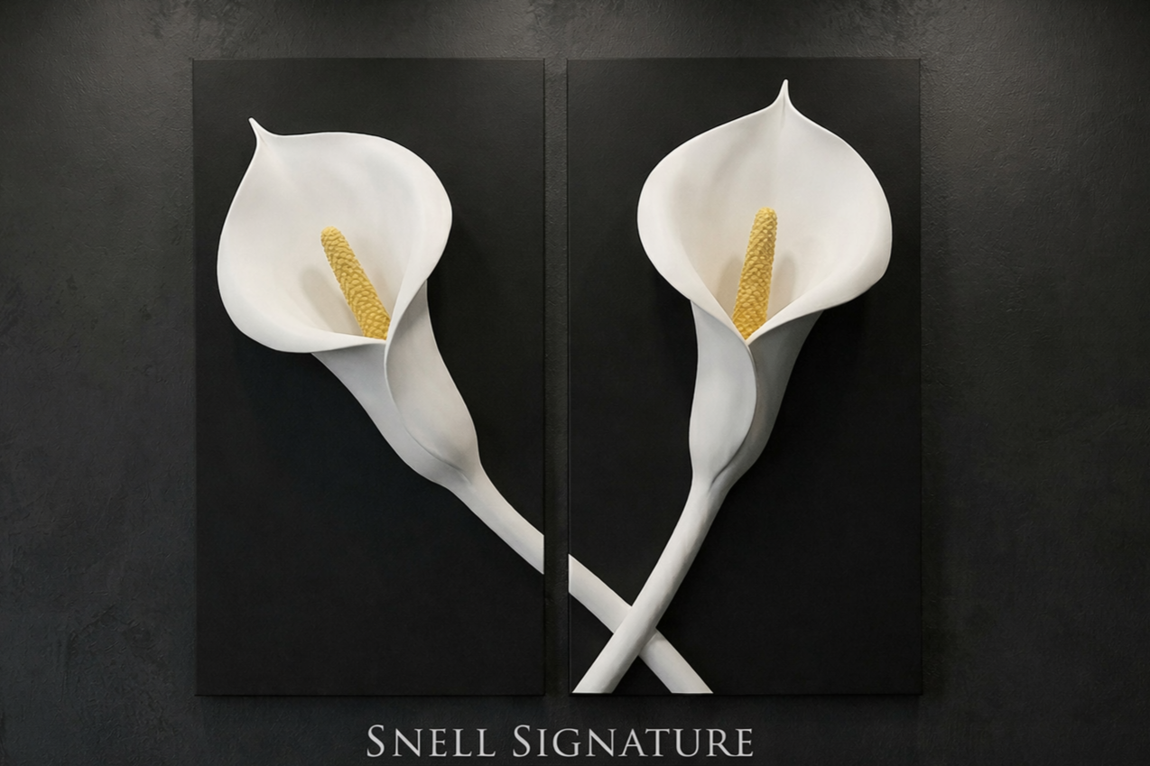 Two white calla lily flowers with yellow spadices on a black background, separated by a black vertical line, with the text 'Snell Signature' at the bottom.