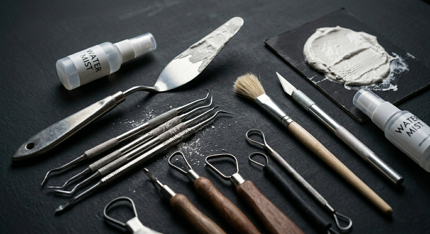 A collection of dental tools including dental picks, a spatula, a brush, a scalpel, and other instruments, along with bottles labeled "Water Mist," on a black surface.