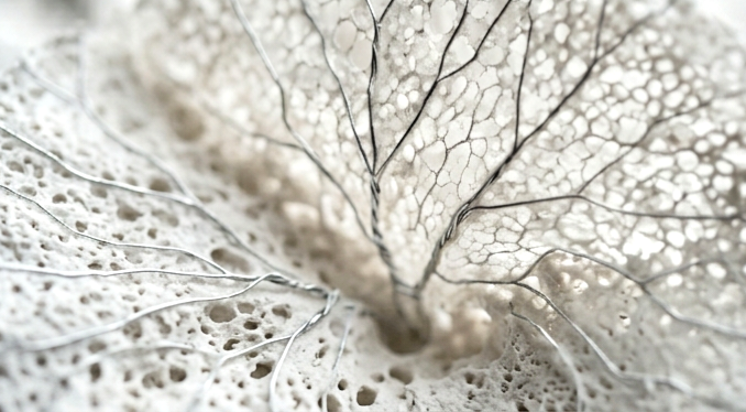 Close-up of a delicate, leafless branch or plant structure against a textured background.