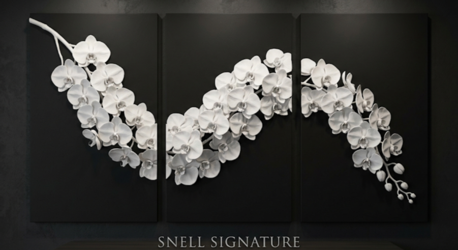 White orchid flowers arranged on a black wall, forming a total of four panels with a signature at the bottom reading 'SNELL SIGNATURE'.