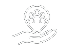 Neon outline of a hand holding a location pin with silhouettes of people inside