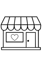 Black and white illustration of a storefront with an awning, a heart on the window, and a door.