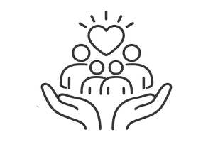Illustration of a large hand holding a group of four people with a heart and rays above them, symbolizing care and community.