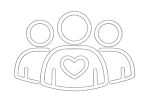 Outline drawing of four people with a heart on their chest, representing community or friendship.