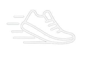 Line drawing of a running shoe with motion lines indicating speed.