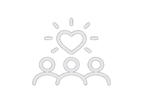 Three stylized figures with a heart and radiating lines above them, representing love or unity.
