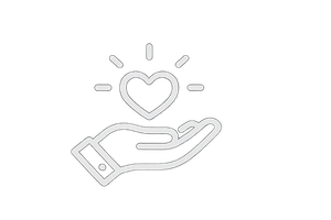 Outline of a hand holding a heart with radiating lines above it, symbolizing care or love.