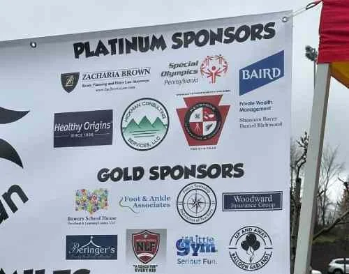 Banner on outdoor pole displaying sponsorship logos. Top section labeled 'PLATINUM SPONSORS' with five logos. Bottom section labeled 'GOLD SPONSORS' with seven logos.