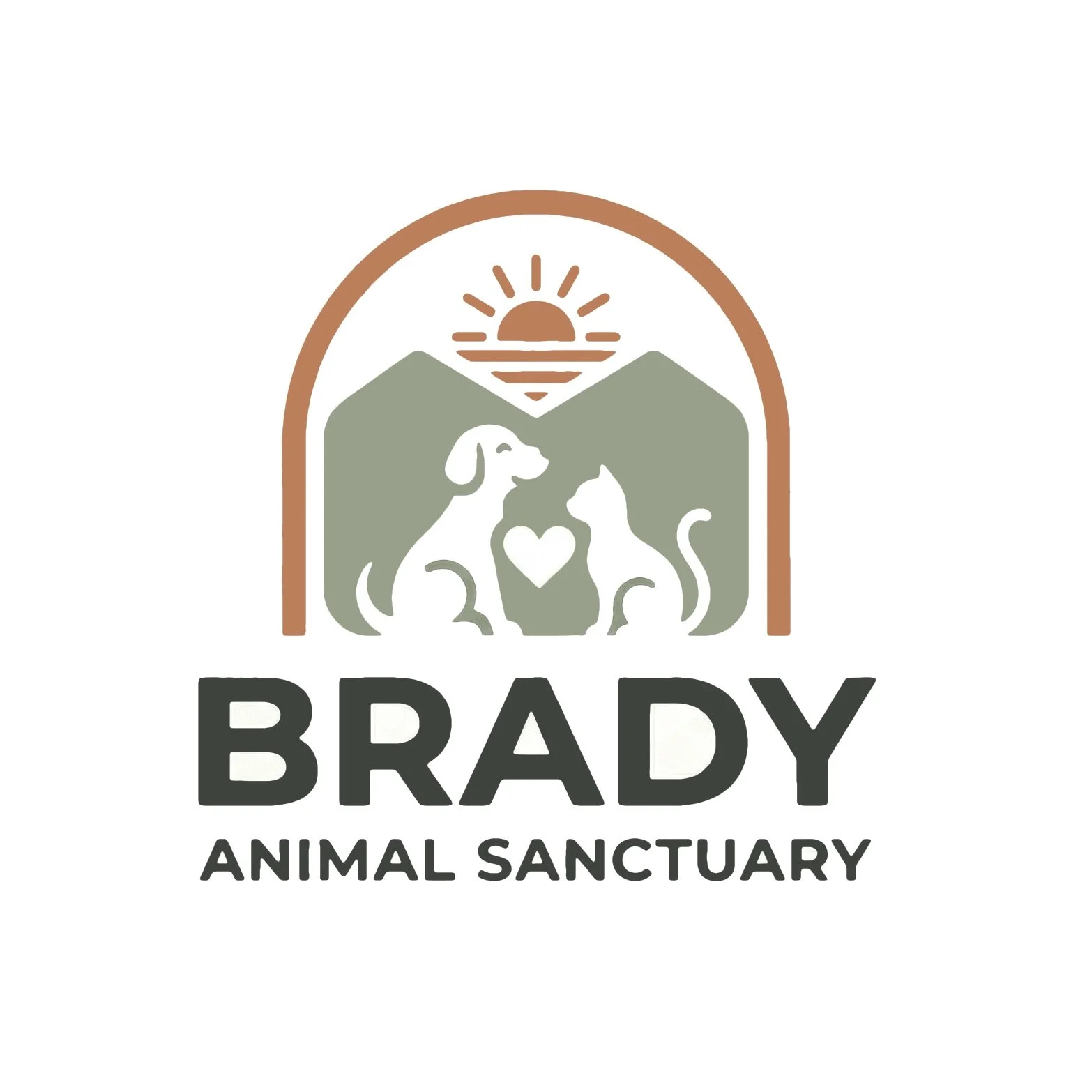 Logo of Brady Animal Sanctuary featuring a stylized scene of a dog and a cat with a heart between them under a sunset and mountain background, with the text "BRADY ANIMAL SANCTUARY" below.