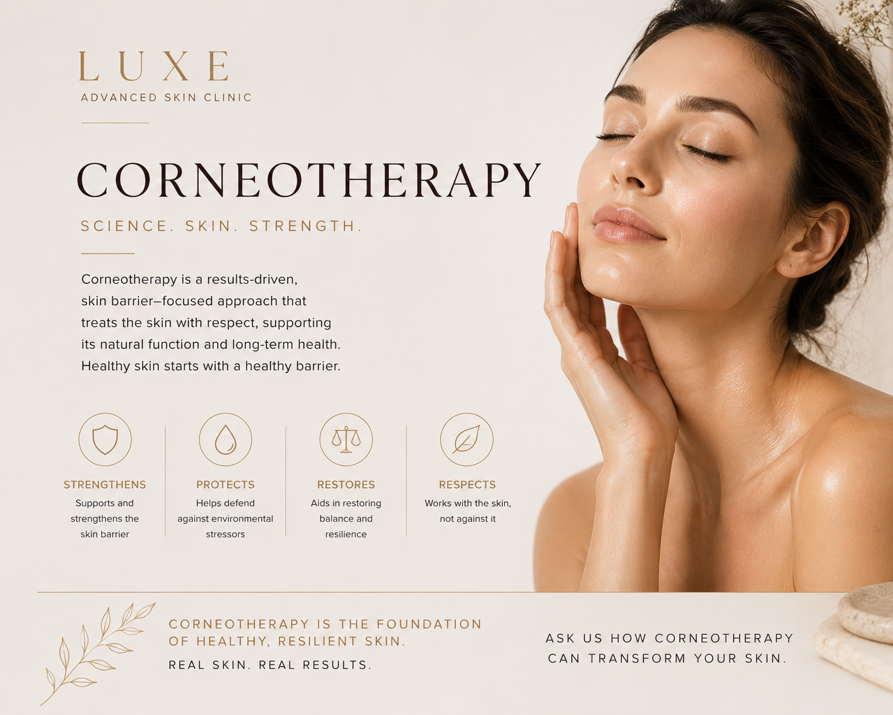 A woman with clear, glowing skin is touching her face, with her eyes closed and a peaceful expression. The image promotes corneotherapy for skin health.