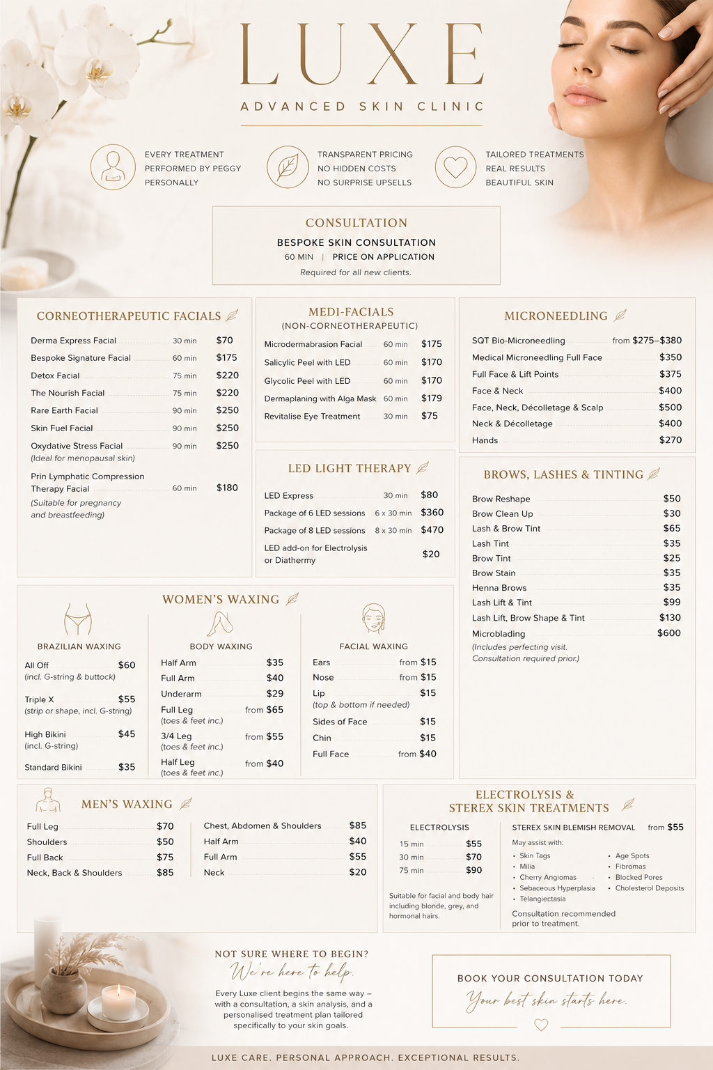 Luxe Advanced Skin Clinic menu featuring various facial, waxing, microneedling, light therapy, brow, lash, tinting, electrolysis, and skin treatment services.
