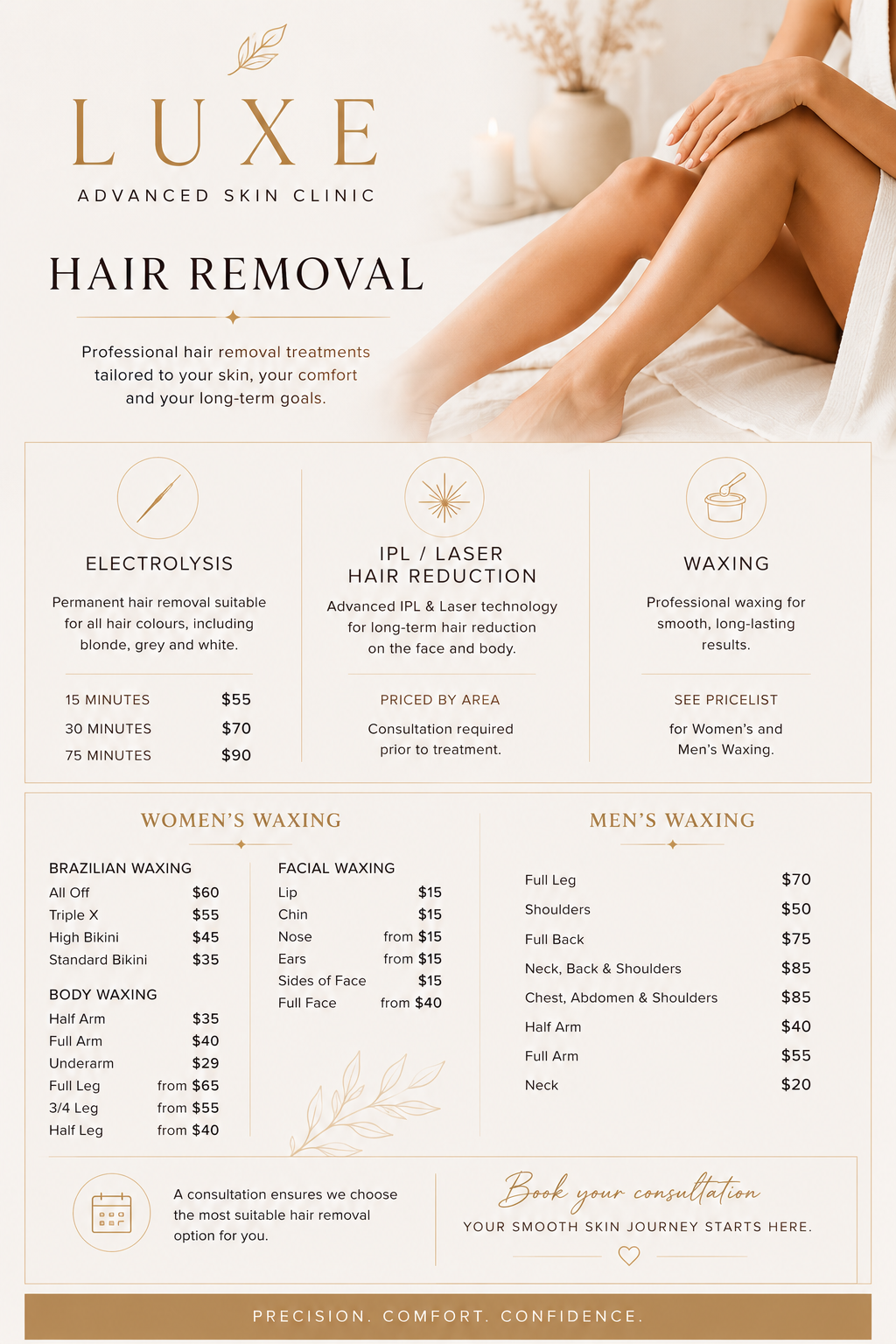 Promotional flyer for Luxe Advanced Skin Clinic advertising hair removal treatments, including electrolysis, IPL and laser hair reduction, waxing, and specific prices for women and men.