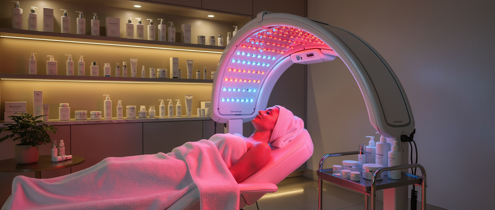 A woman lying on a treatment bed in a skincare clinic is undergoing a light therapy treatment with a large, curved LED light panel overhead. The room features shelves with skincare products and a small table with additional products nearby.